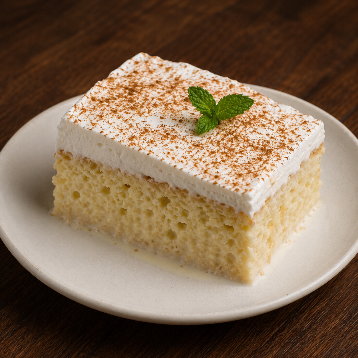 Tarta tres leches con crema y canela